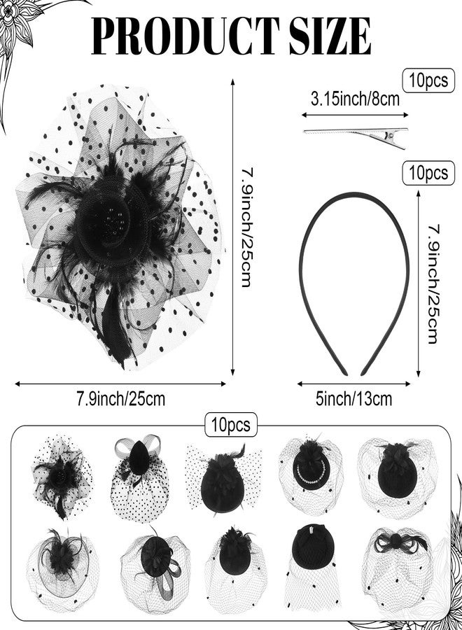 Youdaju 10 Sets Fascinator Hats Flower Mesh Feathers Headwear Black Funeral Veil Hats Hair Clips with 10 Pcs Hairbands for Girls and Women Tea Party Wedding Cocktail Formal Events Supplies - Image 2